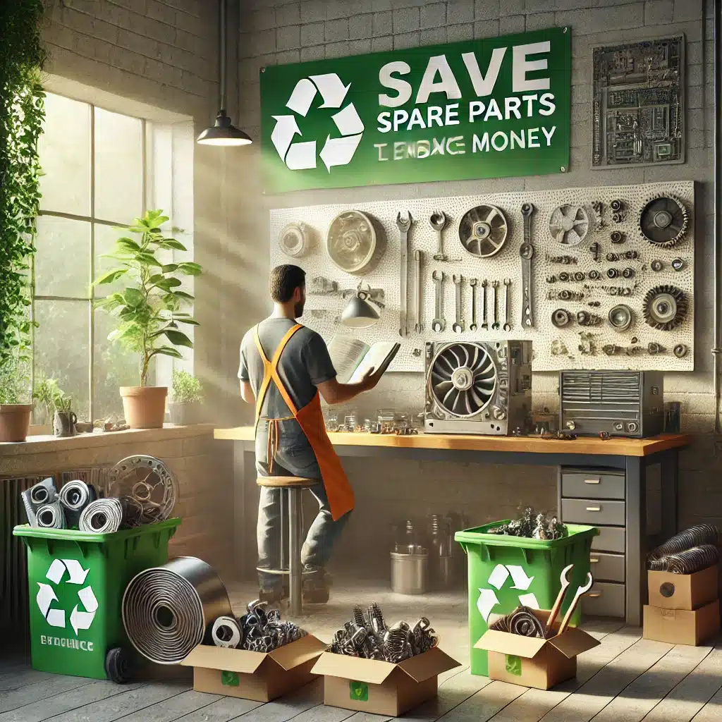 Atelier de réparation mettant en avant le recyclage des pièces détachées. Un technicien consulte un manuel devant un mur d'outils et de pièces mécaniques, entouré de bacs de recyclage verts remplis de pièces métalliques. Une bannière promeut l'achat de pièces détachées pour économiser de l'argent et adopter des pratiques écologiques.