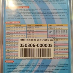 Vue détaillée des codes compatibles pour la télécommande universelle KT-208II, incluant les marques Carrier, LG, Samsung, et plus.